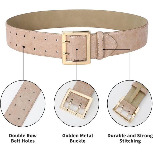 Women Leather Wide Fashion Thick Dress Belt With Gold Buckle Belt Beige Gold - Picture 4 of 7